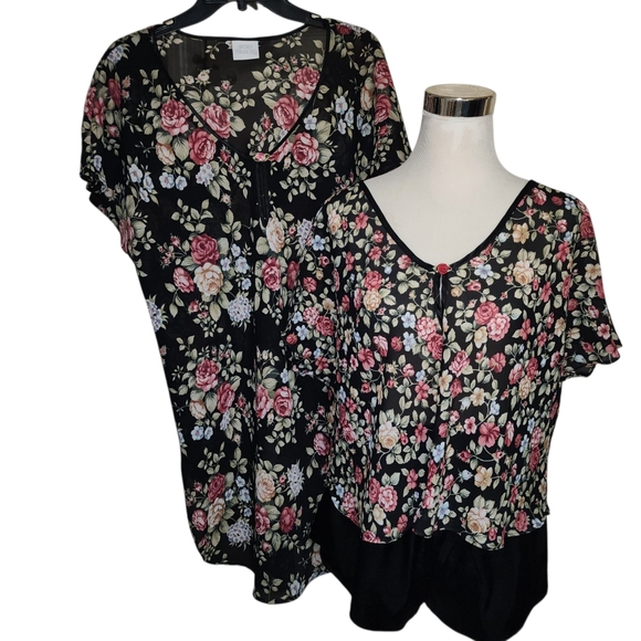 Secret Treasure 3 PIECE Sleepwear Set Gown Top Shorts Pajamas Sz XLARGE Floral - Picture 1 of 16